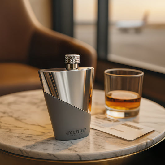 Modern silver flask with gray base, filled with amber liquid on marble table.