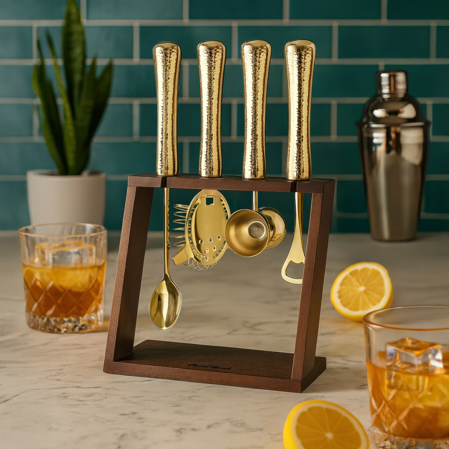 4 Piece Bar Tool Set with Stand - Brass Metal Handles