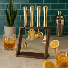 4 Piece Bar Tool Set with Stand - Brass Metal Handles