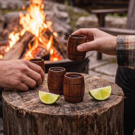 Final Touch wooden whiskey barrel shot glasses on a tree stump rustic table near a campfire