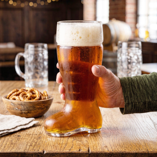 Final Touch Das Beer Boot Glass filled with golden lager, held by a hand on a wooden pub table.