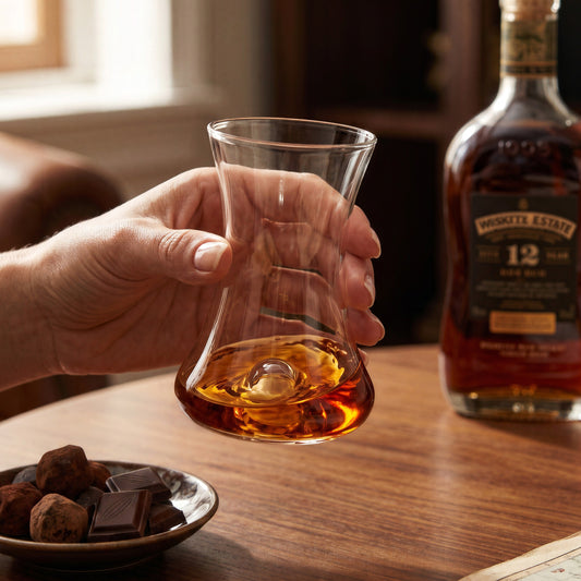 Final Touch Rum Taster Glass held in-hand, featuring a curved tulip profile, a wide lower bulbous base, and an engineered bottom center peak designed to create natural liquid motion for aroma enhancement.