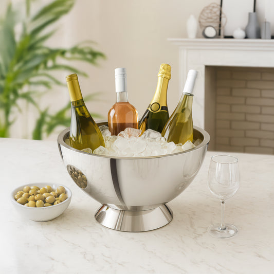 Stainless steel ice bucket with wine bottles on a kitchen counter