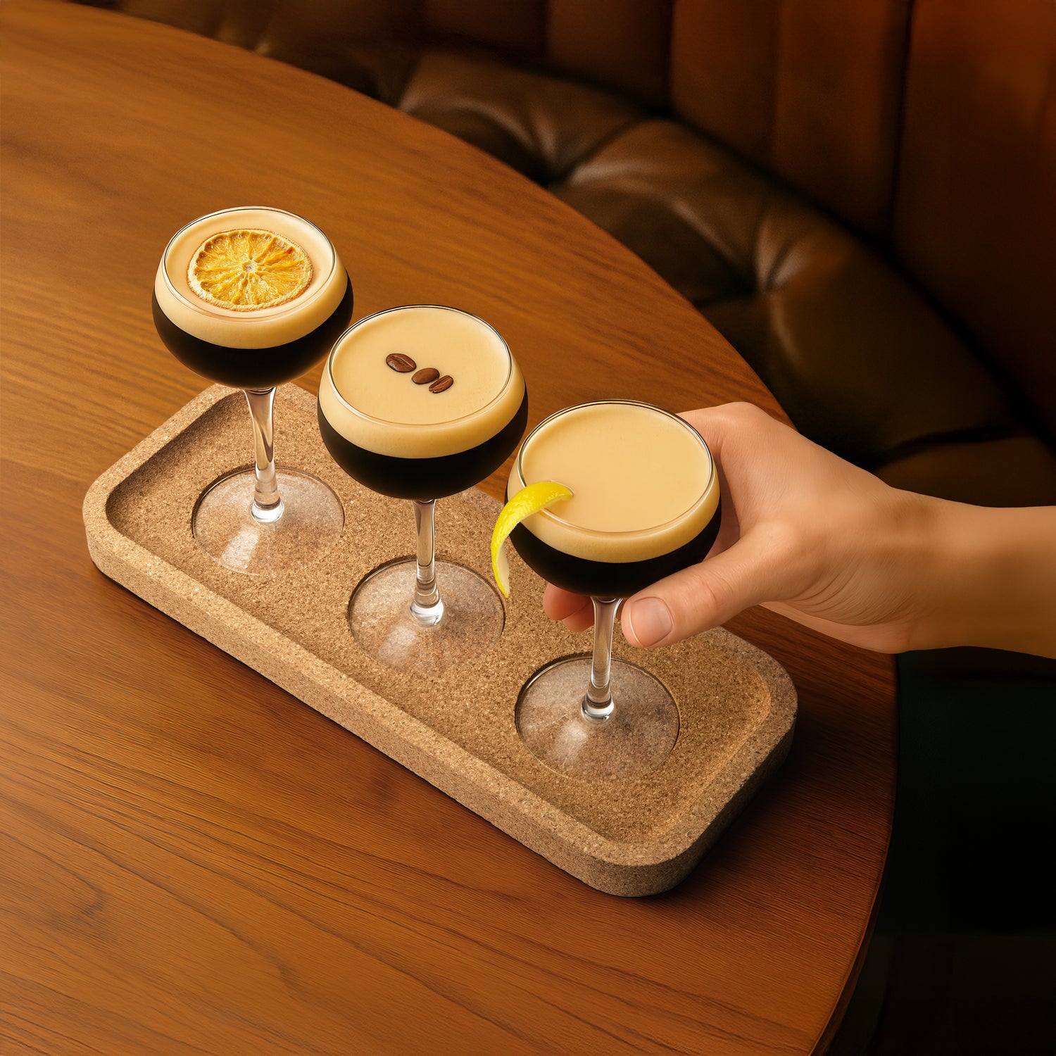 Espresso Martini drinks with a hand holding one on a cork tray flight.