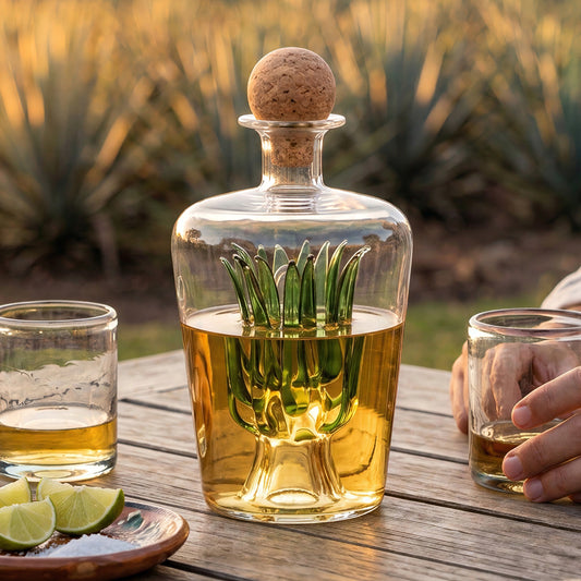 Final Touch glass tequila decanter with green agave sculpture inside, set on an outdoor rustic wood table with drink glasses against an agave field background