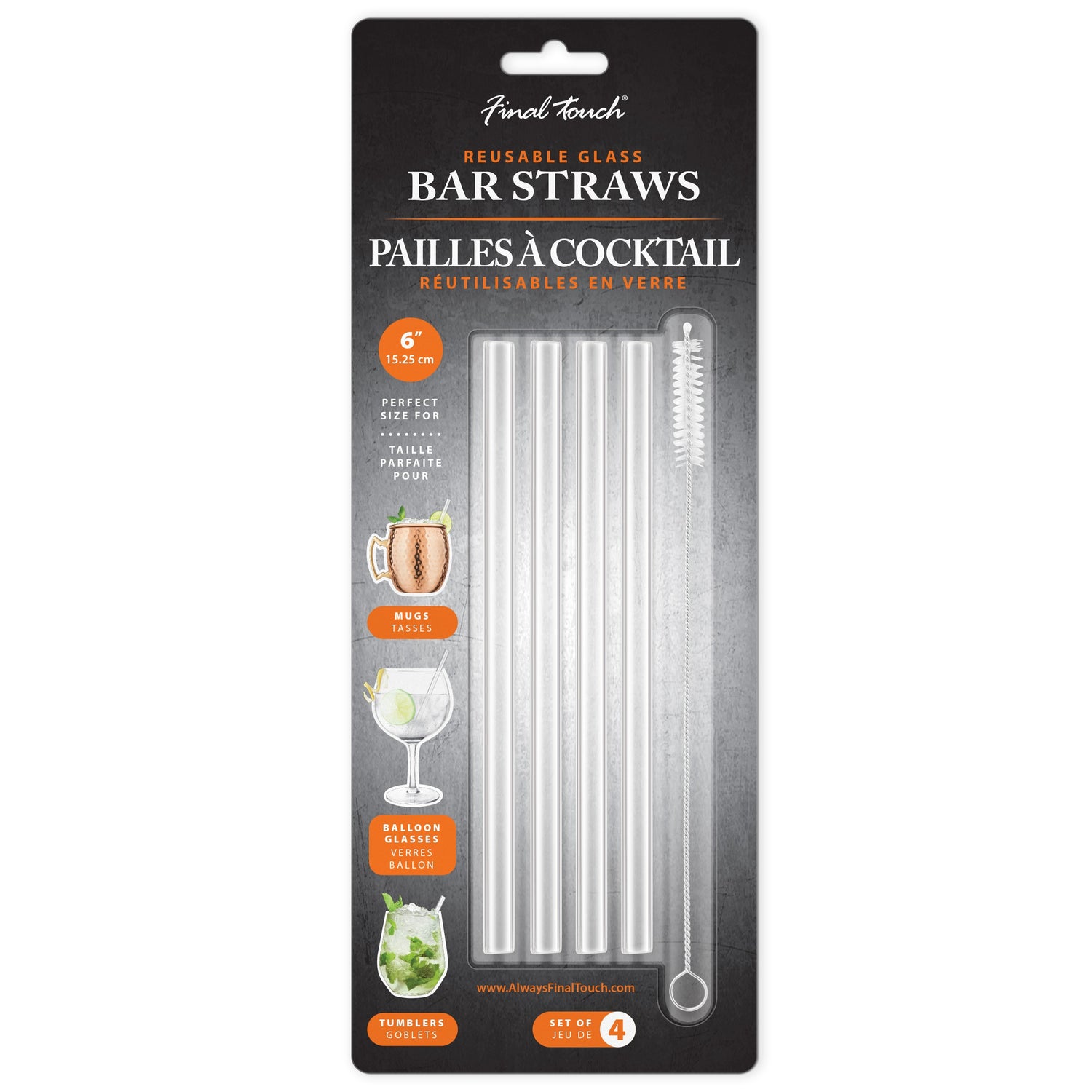 6" Reusable Glass Cocktail Straws - Set of 4