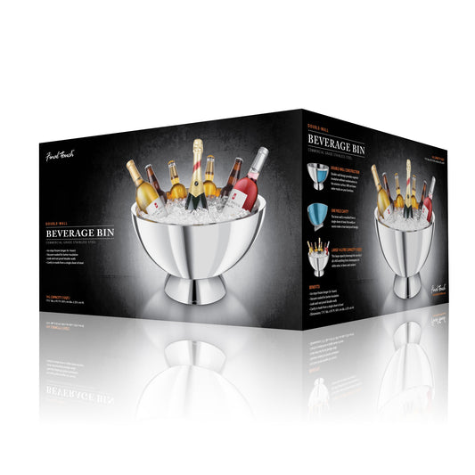 Large-capacity beverage bin in sleek silver finish, displayed on black packaging with product image and features.
