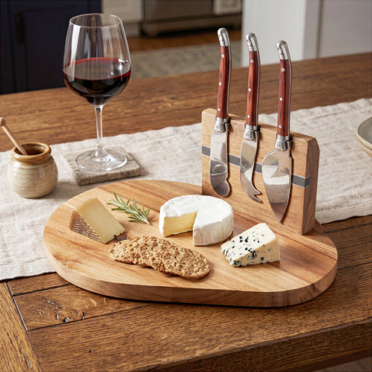Final Touch 5-piece magnetic acacia wood cheese board set with three knives, artisan cheeses, crackers, and a wine glass on a rustic wooden table.