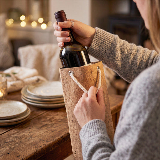 Person pulling a wine bottle out of a Final Touch cork wine gift bag on a cozy rustic dining table.
