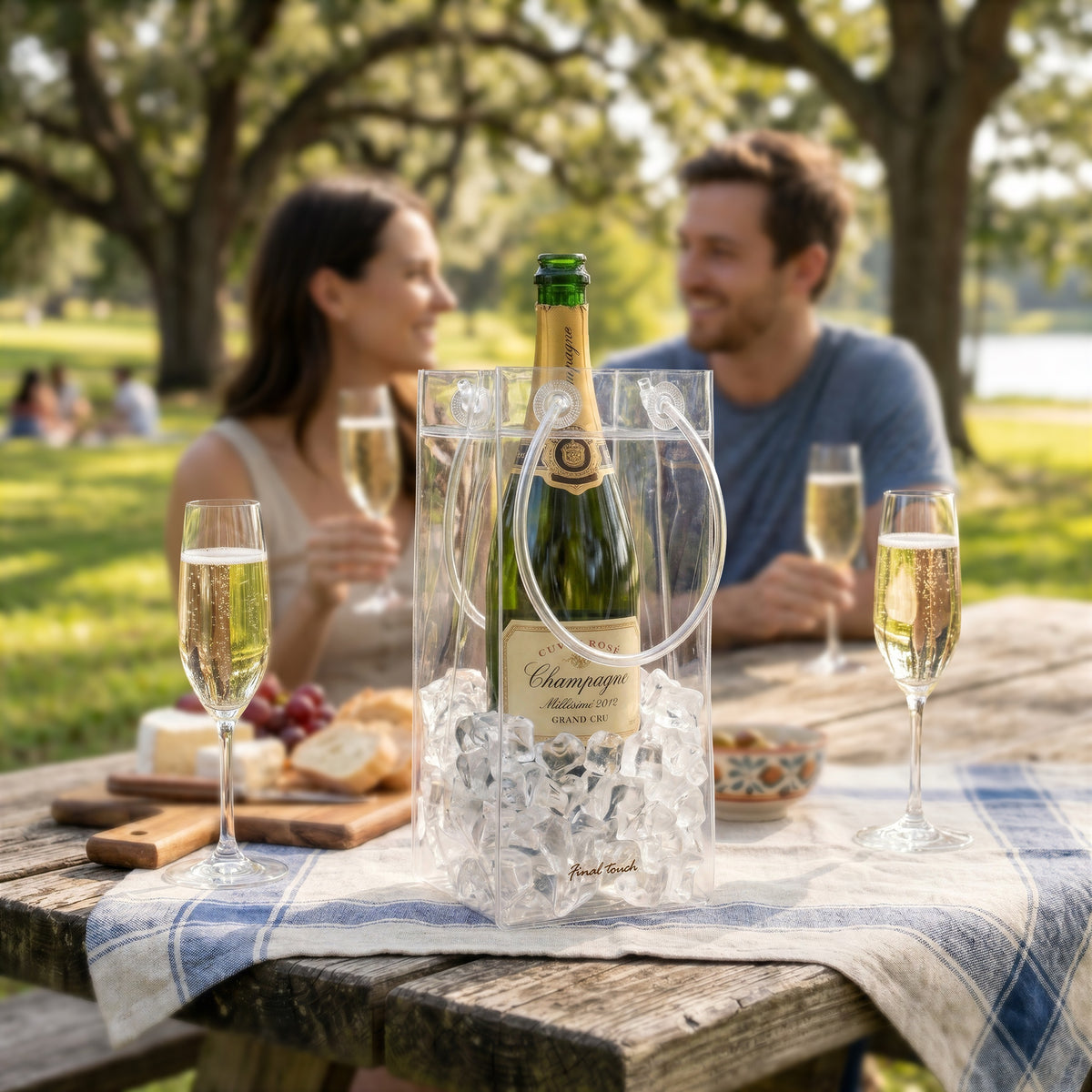 Final Touch clear reusable collapsible champagne chiller bag with a bottle of champagne on ice, set on a rustic picnic table with two champagne flutes.