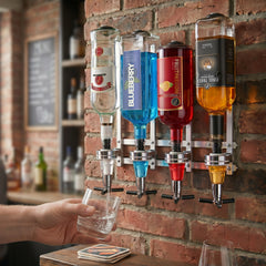 4-bottle wall-mounted bar drink dispenser with optics, pouring a drink into a glass tumbler in a home bar setting.