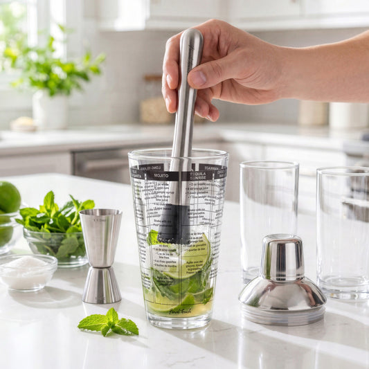 Final Touch 3-piece bar tools set featuring a hand using a stainless steel muddler to mash fresh mint and lime inside a glass recipe cocktail shaker on a white kitchen counter.