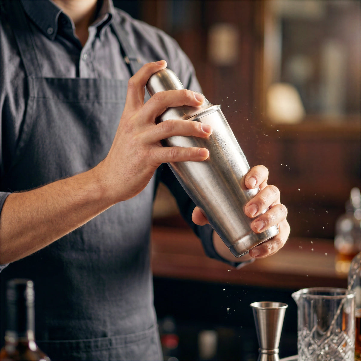 A bartender in a dark apron actively shaking a cocktail using the Final Touch Professional Cocktail Shaker behind a dimly lit bar.