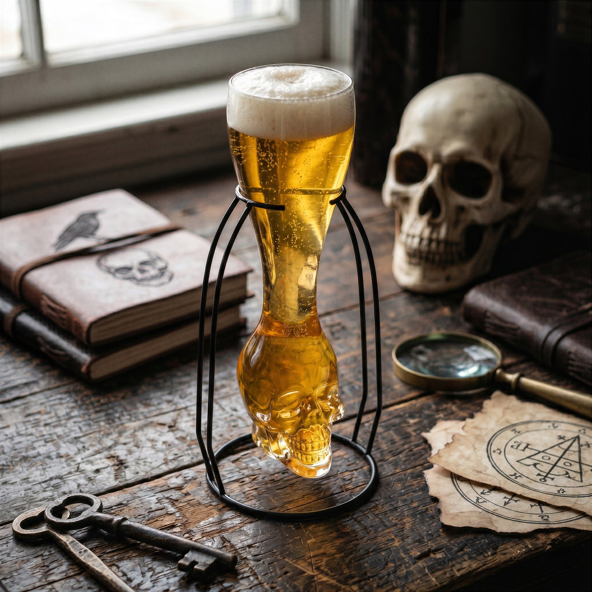 Final Touch Brain Freeze skull beer glass with metal stand, filled with beer on a rustic wooden desk. The gothic study setting features an antique human skull replica, vintage keys, and leather journals with raven symbols, highlighting the occult and alchemist aesthetic. Perfect for Halloween or home bar decor.