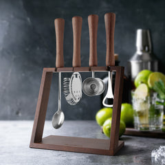 4 Piece Bar Tool Set with Stand - Wood Handles