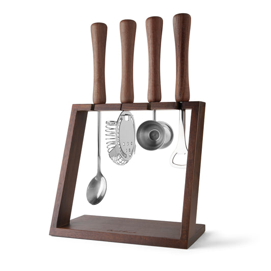 4 Piece Bar Tool Set with Stand - Wood Handles