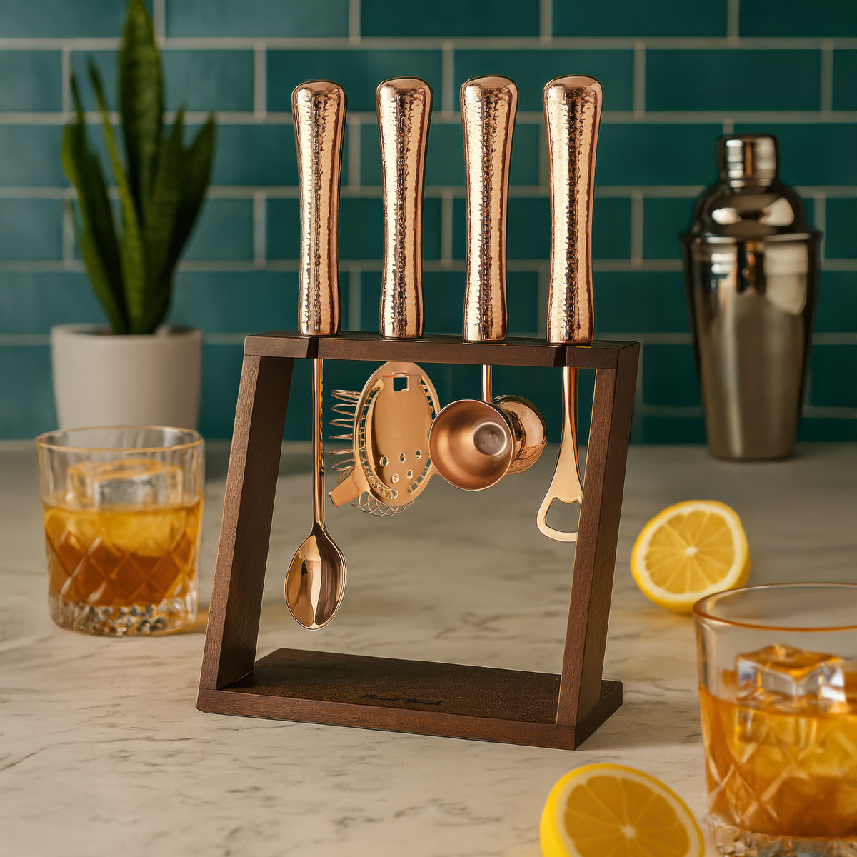 4 Piece Bar Tool Set with Stand - Copper Metal Handles
