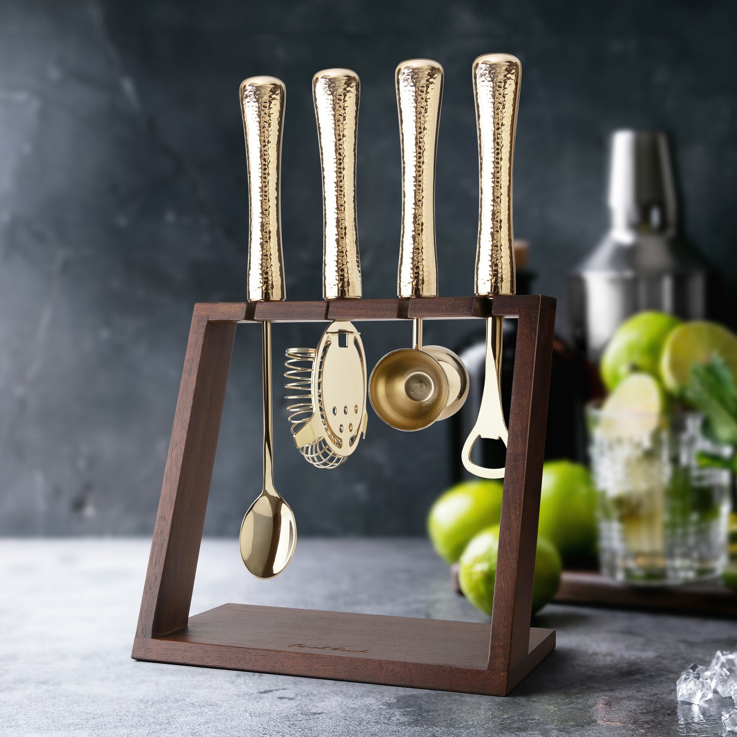 4 Piece Bar Tool Set with Stand - Brass Metal Handles