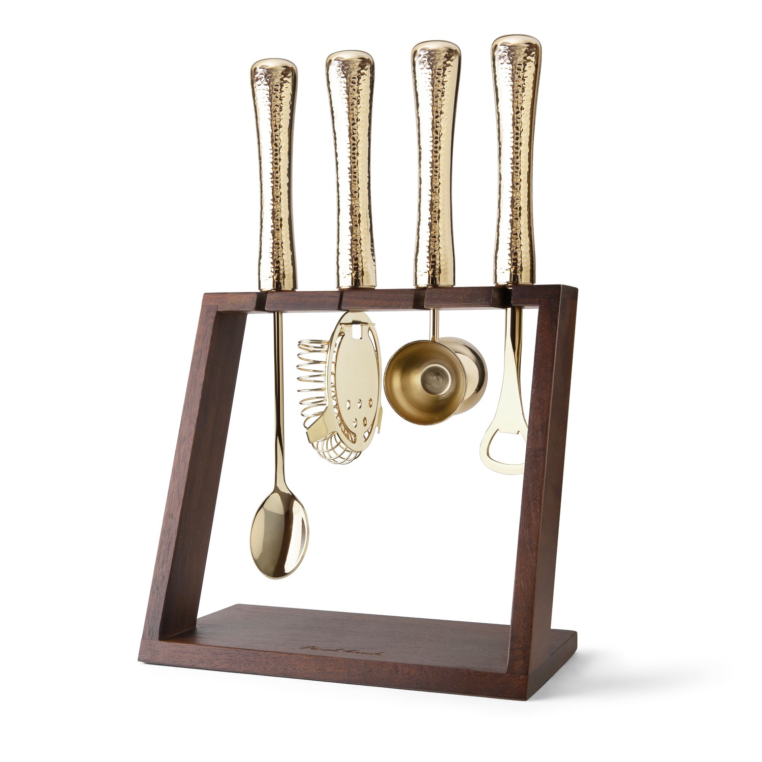 4 Piece Bar Tool Set with Stand - Brass Metal Handles