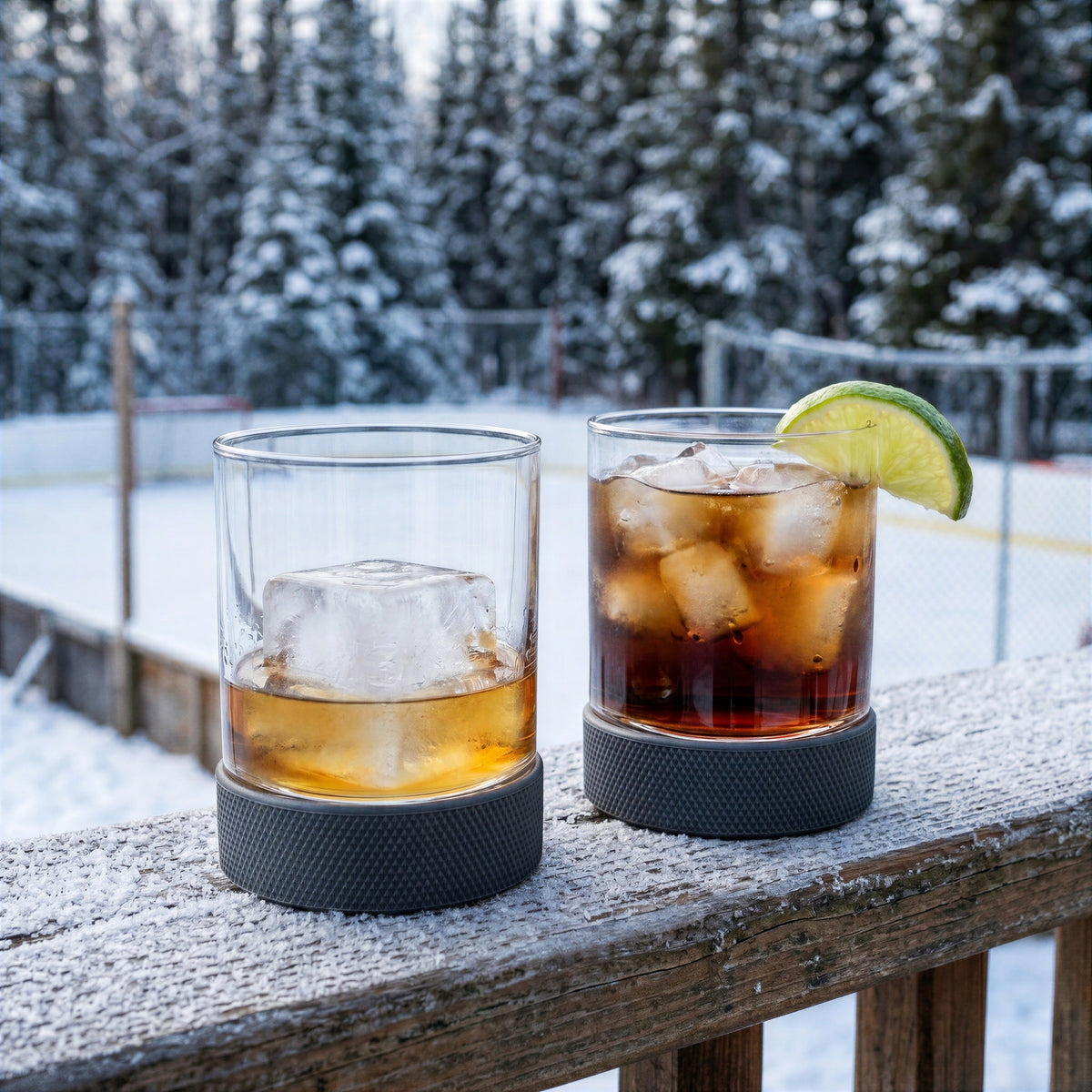 Final Touch lowball hockey glasses with black silicone puck bottoms holding whiskey and rum on a snowy winter deck.