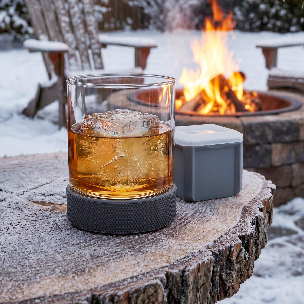 Final Touch Breakaway Hockey Puck Tumbler with Ice Mould on a frosty rustic table with a whiskey bottle by a winter backyard fire pit.