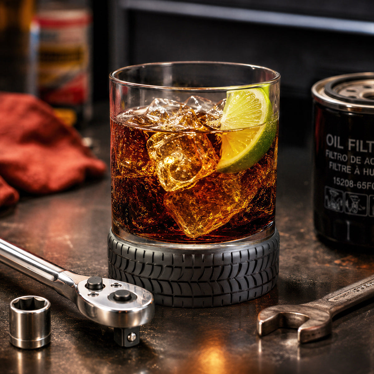 Automotive-themed whiskey and cola tumbler glass with silicone tire base, lime garnish, socket ratchet and oil filter on mechanic workbench.