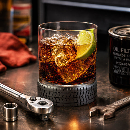 Automotive-themed whiskey and cola tumbler glass with silicone tire base, lime garnish, socket ratchet and oil filter on mechanic workbench.