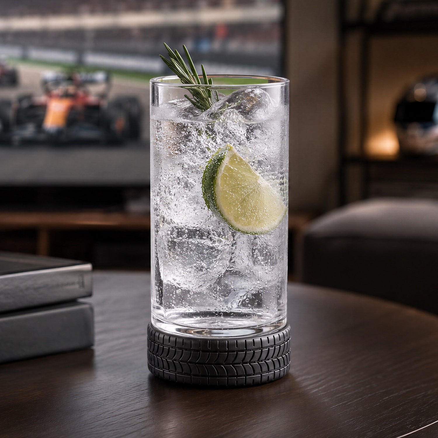 Automotive-inspired highball glass with silicone tire base holding a sparkling seltzer cocktail with lime and ice in a Formula 1 themed living room setting