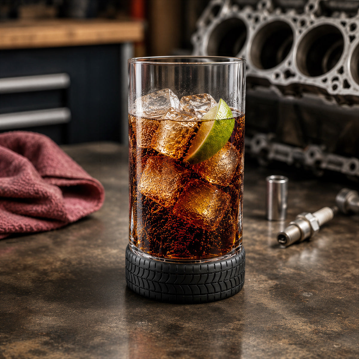 Automotive tire-base highball glass with cola, ice and lime on mechanic workbench in garage workshop