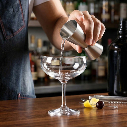 Final Touch stainless steel double-sided cocktail jigger pouring liquid into a coupe glass.