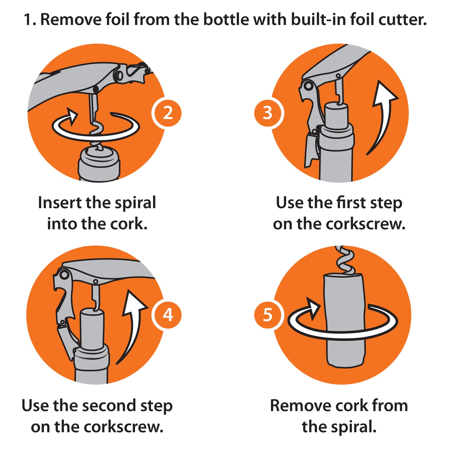 How to use: Remove foil, insert spiral, use first lever step, use second lever step, then remove cork.