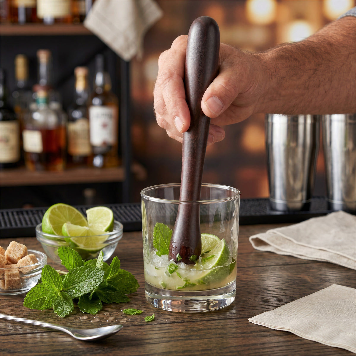 Final Touch dark wood cocktail muddler being used to muddle fresh mint and lime slices in a glass on a rustic wooden bar top with bar tools.