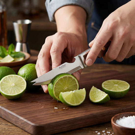 Hands use a stainless steel bar knife to slice fresh limes on a wooden cutting board.