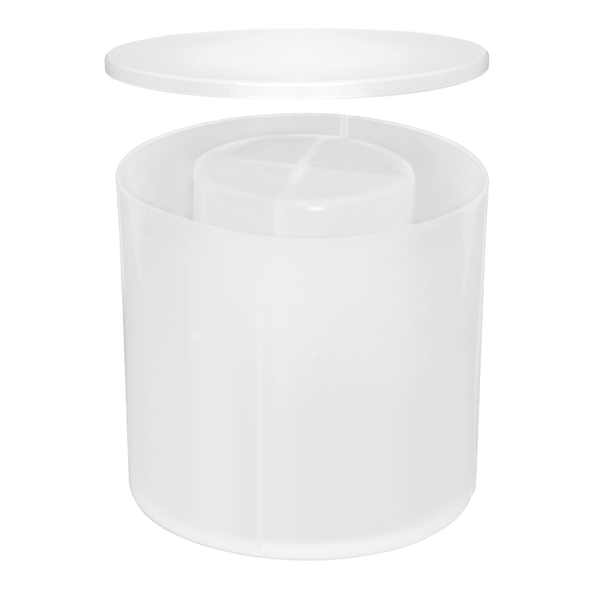White cylindrical mould and lid for ice, shown with lid removed and inside container.