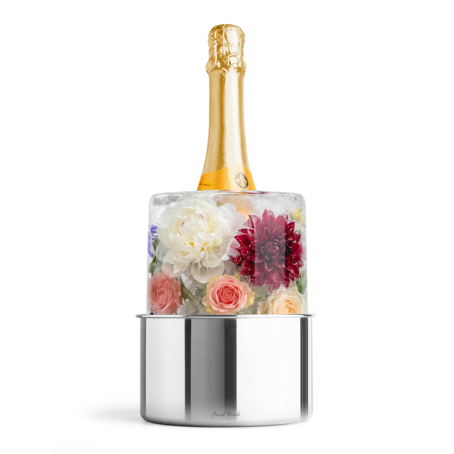 Final Touch floral ice bottle chiller featuring a champagne bottle chilled in a ice mold frozen with pink, white, and burgundy flowers.