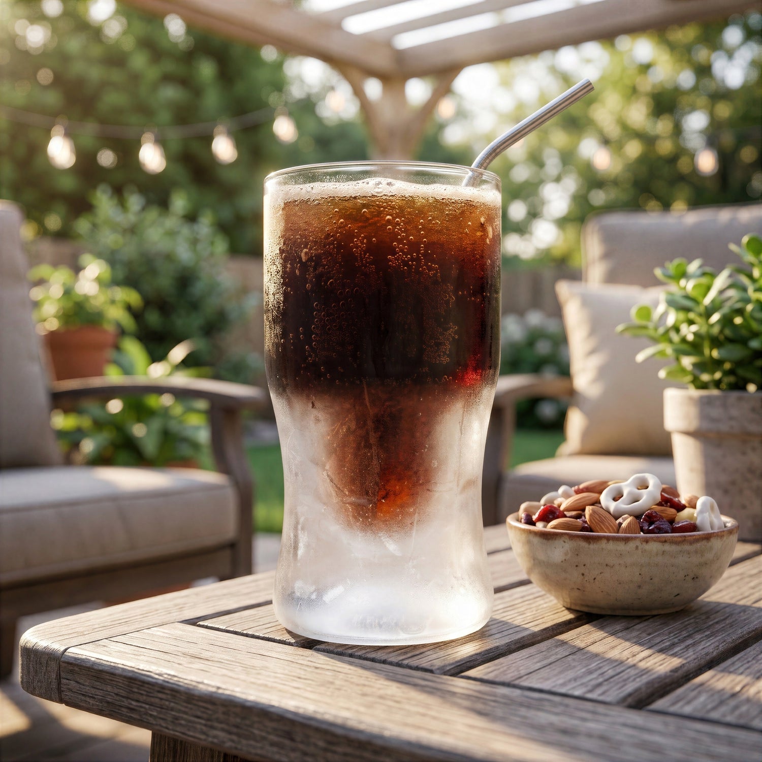 Final Touch 12 oz Glacier Glass lined with frozen base ice and filled with iced cola on a rustic patio table alongside a bowl of mixed snack nuts.