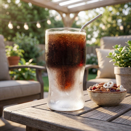Final Touch 12 oz Glacier Glass lined with frozen base ice and filled with iced cola on a rustic patio table alongside a bowl of mixed snack nuts.