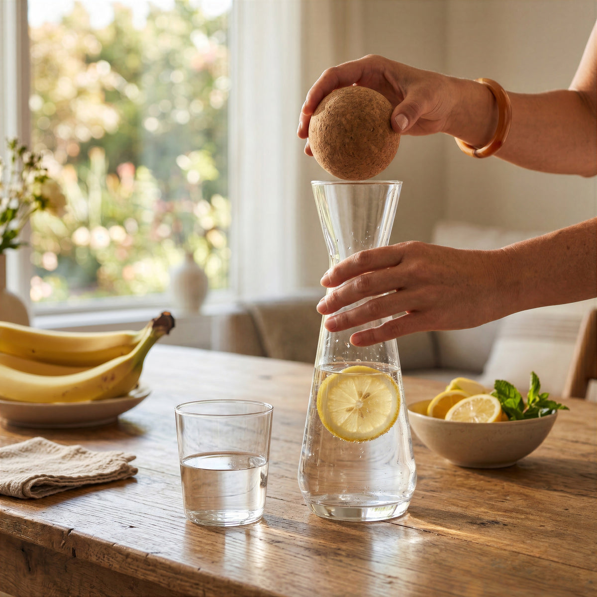 Final Touch clear glass water serving carafe with a round cork stopper ball, featuring a fresh lemon slice floating in water on a rustic wooden dining table.