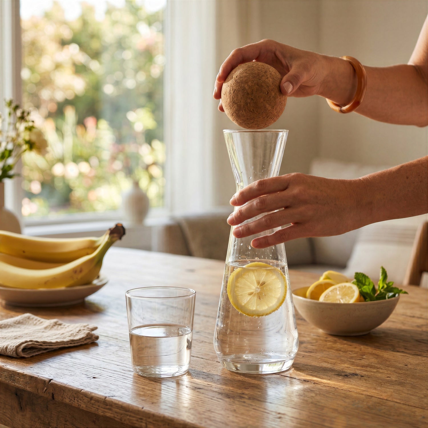 Final Touch clear glass water serving carafe with a round cork stopper ball, featuring a fresh lemon slice floating in water on a rustic wooden dining table.