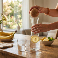 Final Touch clear glass water serving carafe with a round cork stopper ball, featuring a fresh lemon slice floating in water on a rustic wooden dining table.