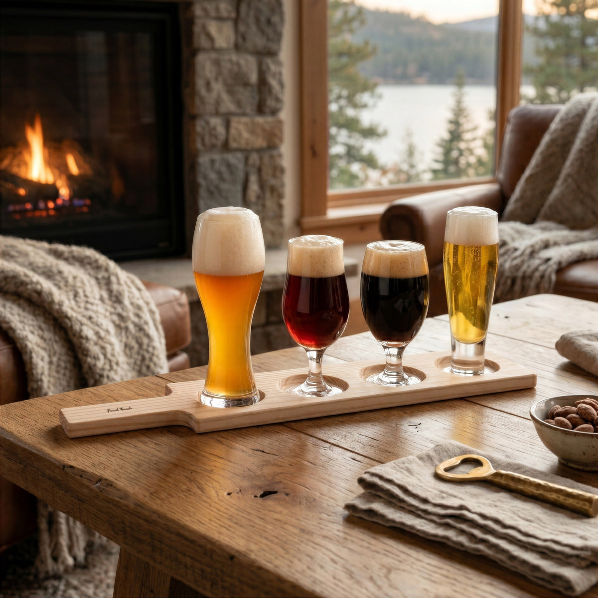 Four-glass craft beer tasting flight set with a light-colored wood paddle on a rustic table in an upscale cottage living room featuring a fireplace and lake view window.