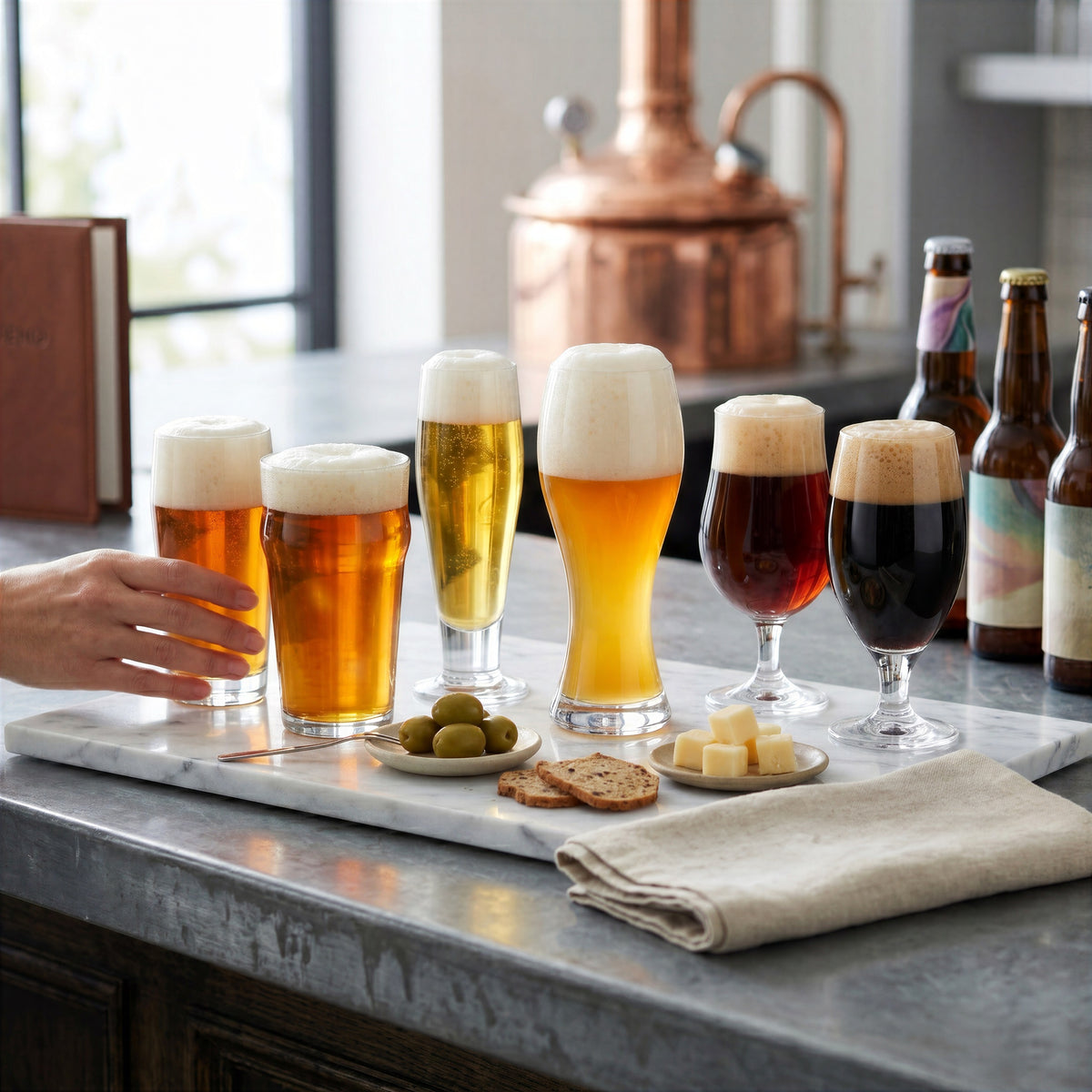 Final Touch Beer Tasting Set, featuring six diverse tasting glasses (for wheat, tulip, stout, pilsner, nonic, and stange) arranged on a white marble board with a hand reaching.
