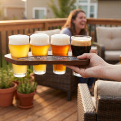 A hand carrying the Final Touch Craft Beer Flight Set on an outdoor patio deck, featuring four unique craft beer tasting glasses with white foam heads sitting in a wooden paddle with a built-in slate chalkboard strip displaying handwritten beer names in chalk.