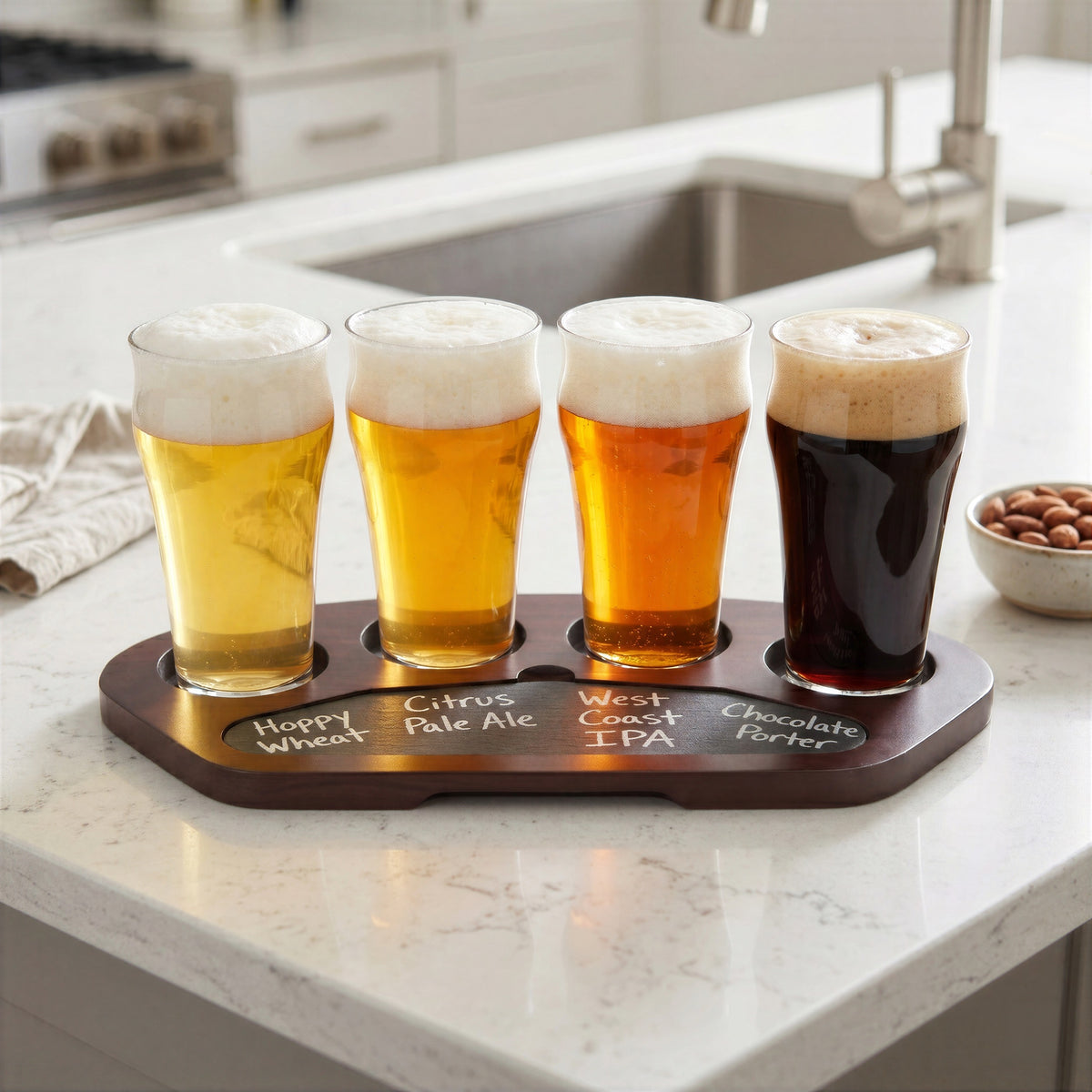 Final Touch craft beer tasting flight set with four glasses on a wood serving board featuring a customizable slate chalkboard insert, displayed on a modern quartz kitchen counter.