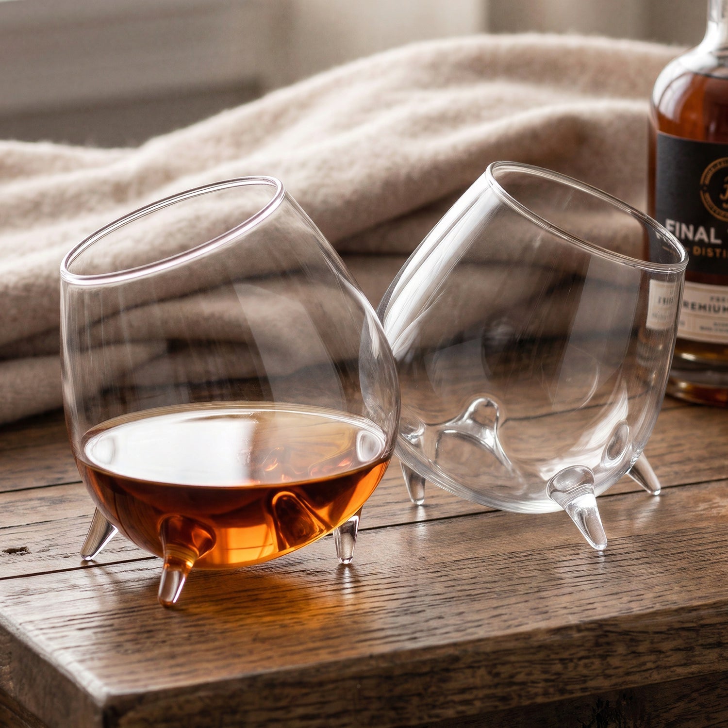 Pair of footed Final Touch cognac glasses with amber liquor on a rustic wooden table next to a spirit bottle.