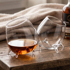Pair of footed Final Touch cognac glasses with amber liquor on a rustic wooden table next to a spirit bottle.
