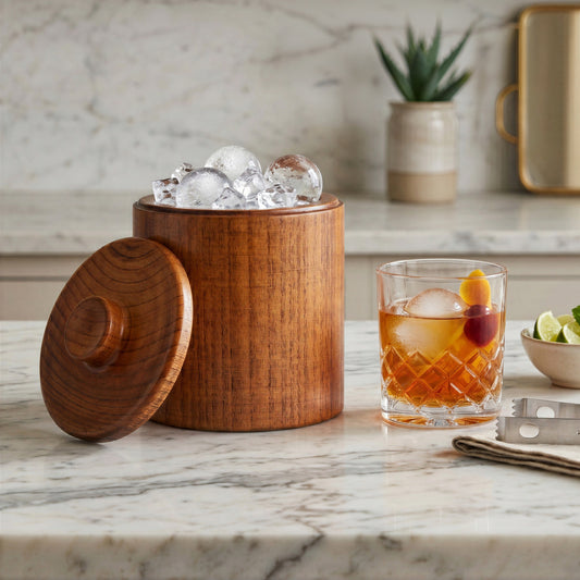 Final Touch Solid Wood Ice Bucket next to a crystal cocktail glass with a large ice sphere on a marble countertop.