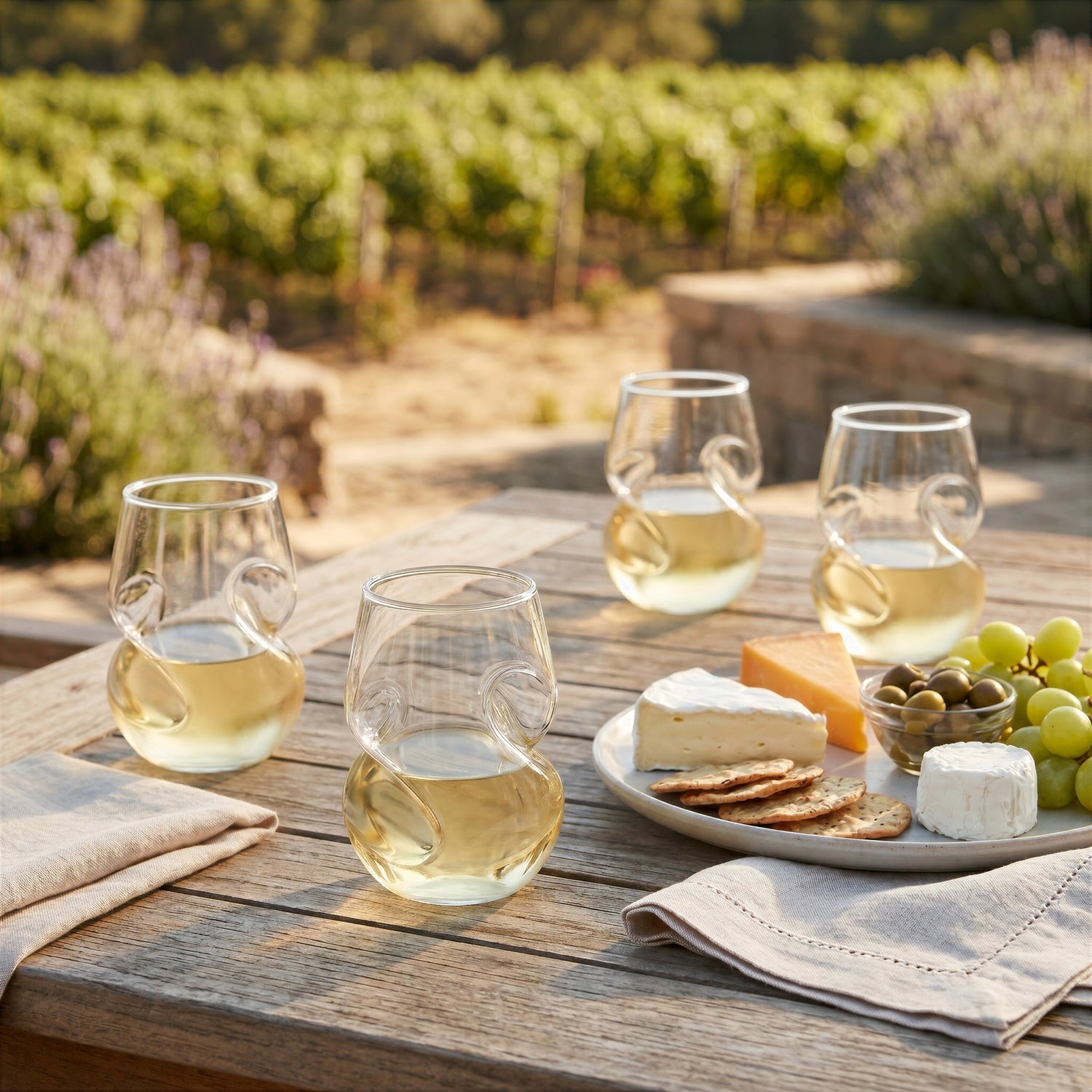 Final Touch Conundrum Stemless White Wine Glasses on an outdoor wooden table with a cheese platter and vineyard background.