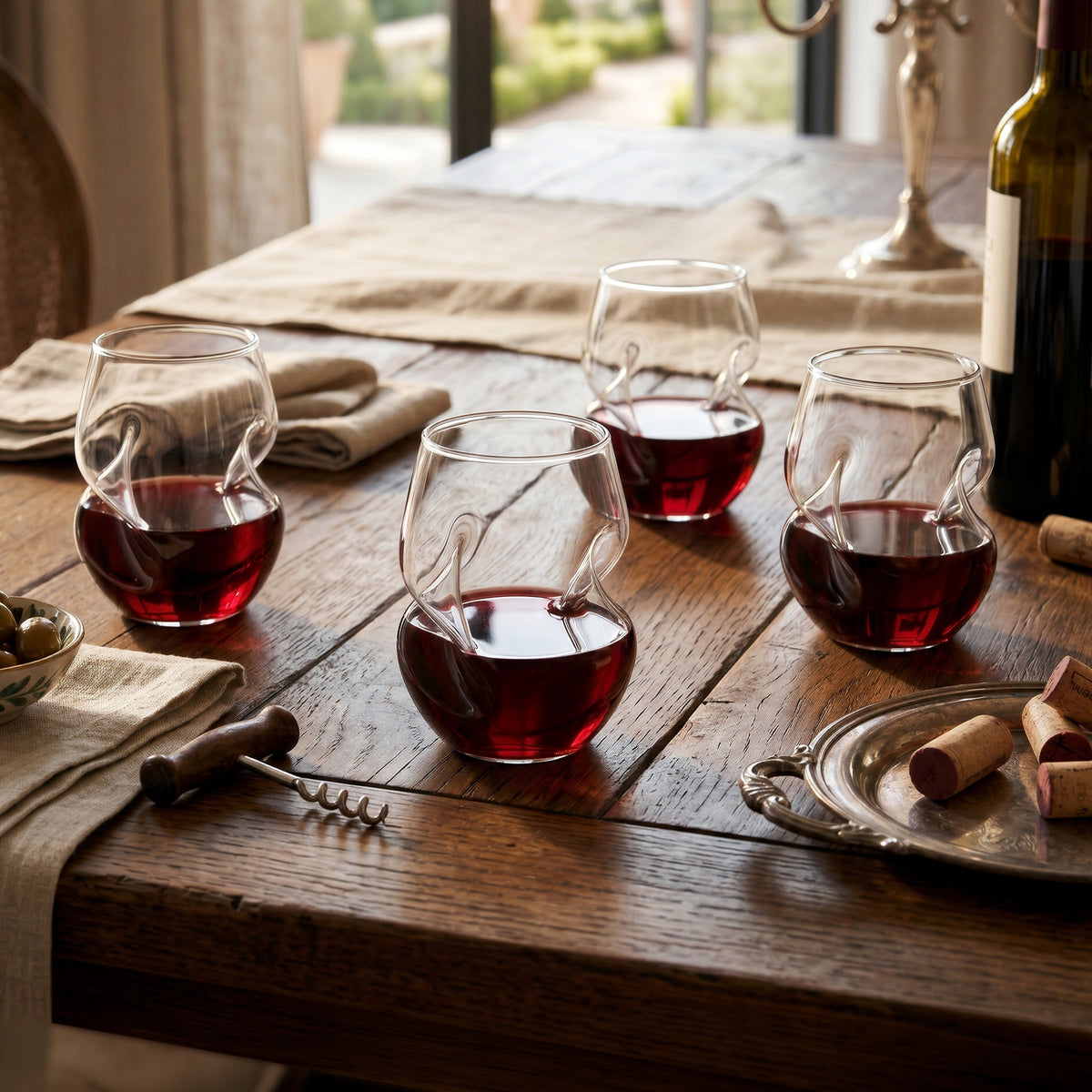 Set of four unique dimpled stemless red wine glasses on a rustic wooden dining table with a wine bottle, corks, and olives in a brightly lit room.