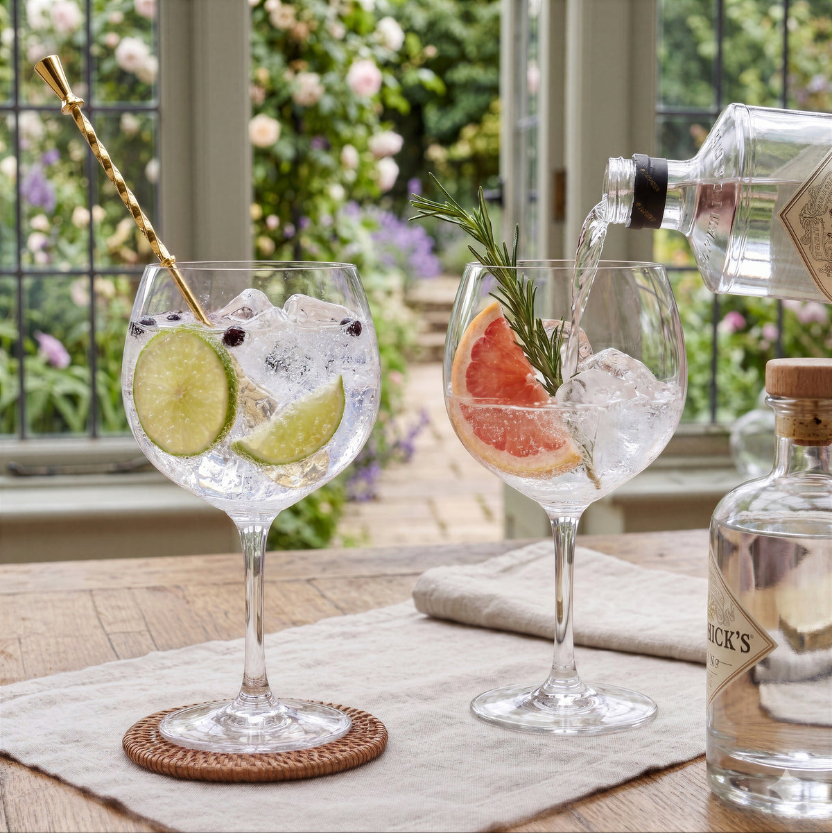 Final Touch Copa Cocktail Glass filled with a gin and tonic cocktail, ice, and lime slices in a lifestyle garden setting